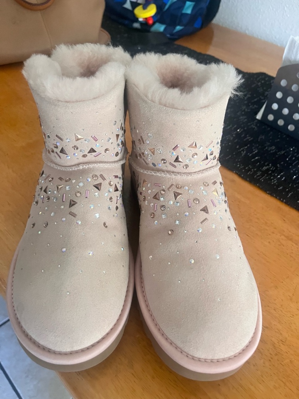 UGG Pink Crystal-Embellished Short Shearling Boots